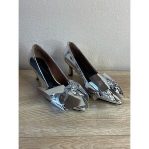 NWT Maje Fayna Pumps Women's 5 Silver Metallic Leather Bow Slip-On Stiletto Heel